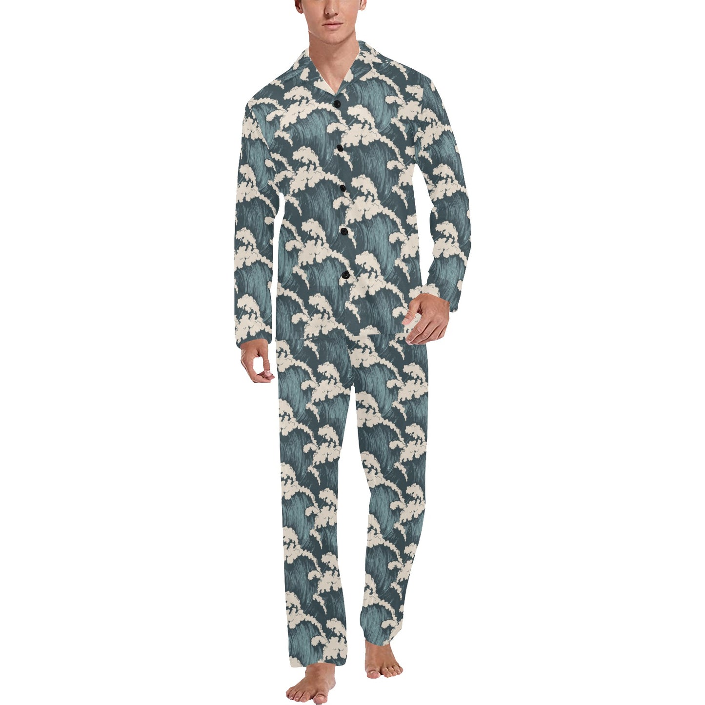 Wave Art Print Men's Long Pajama Set