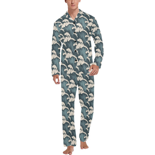 Wave Art Print Men's Long Pajama Set