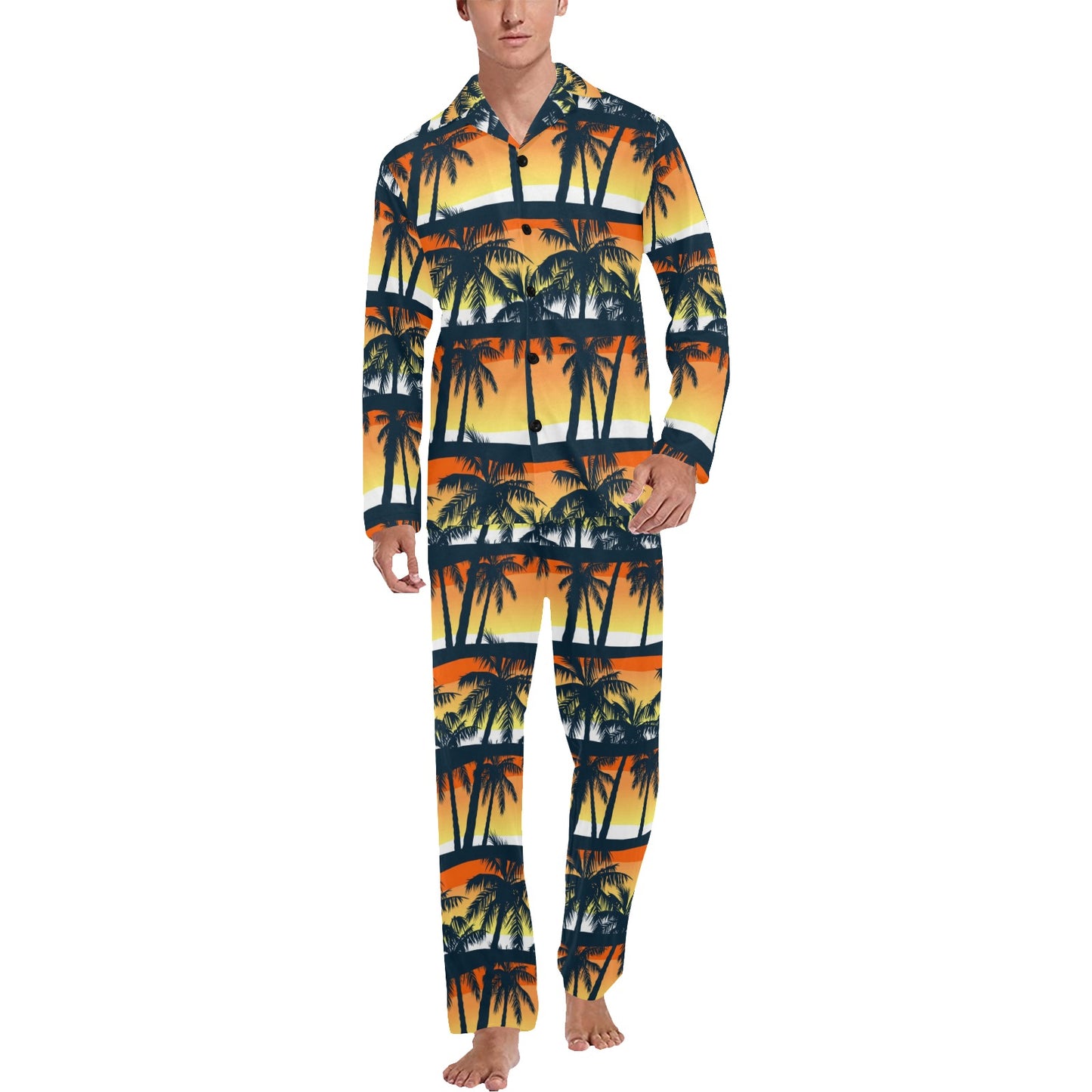 Palm Tree Sunset Design Print Men's Long Pajama Set
