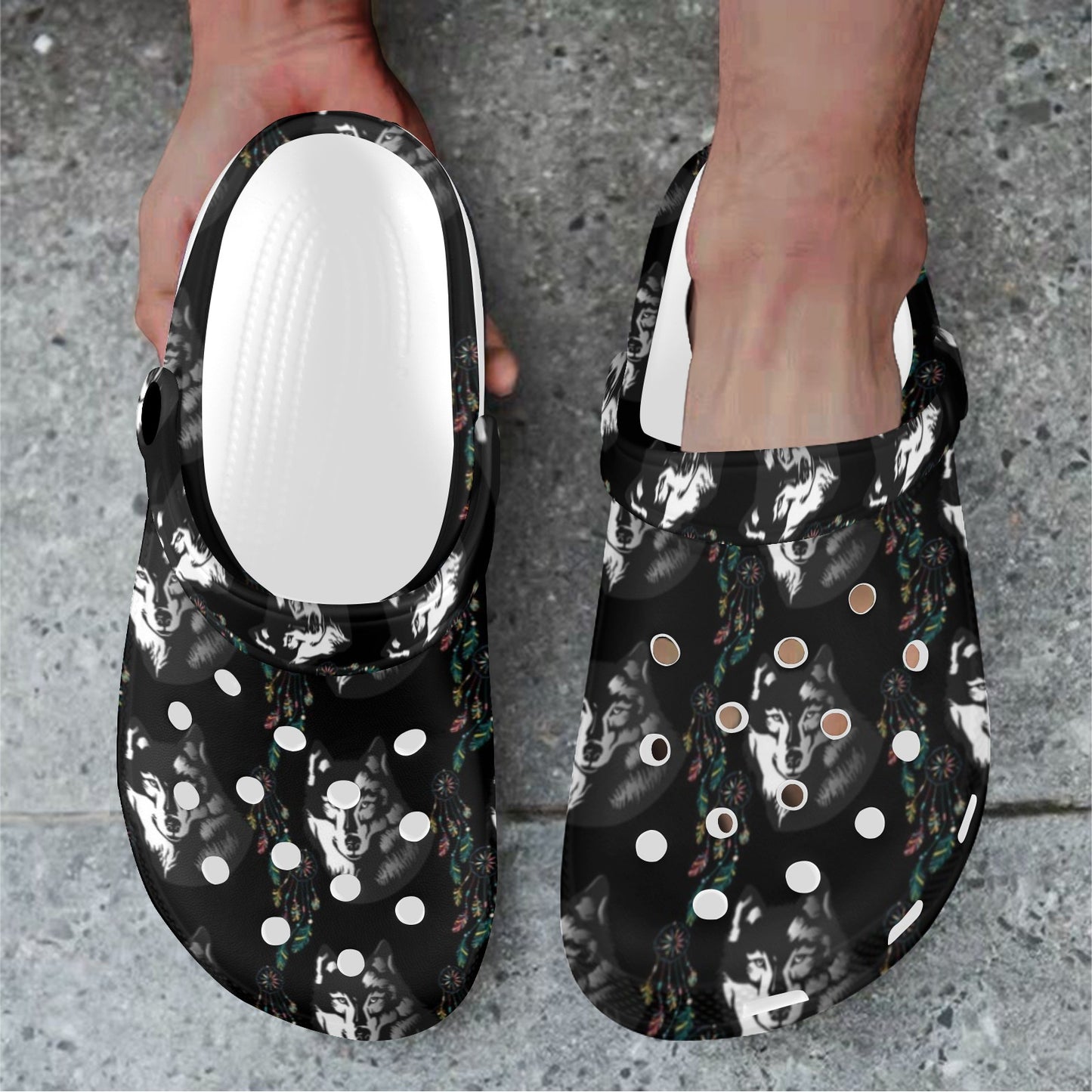 Wolf Black Dream Catcher Design Print Unisex Clogs Shoes