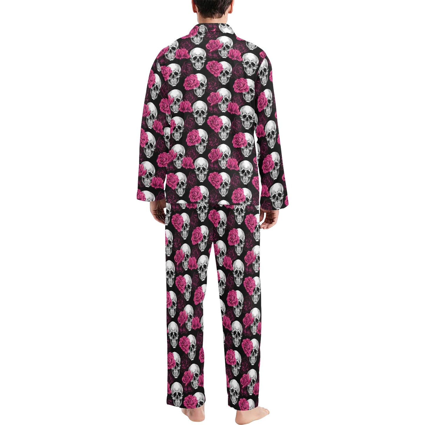 Pink Rose Skull Themed Print Men's Long Pajama Set