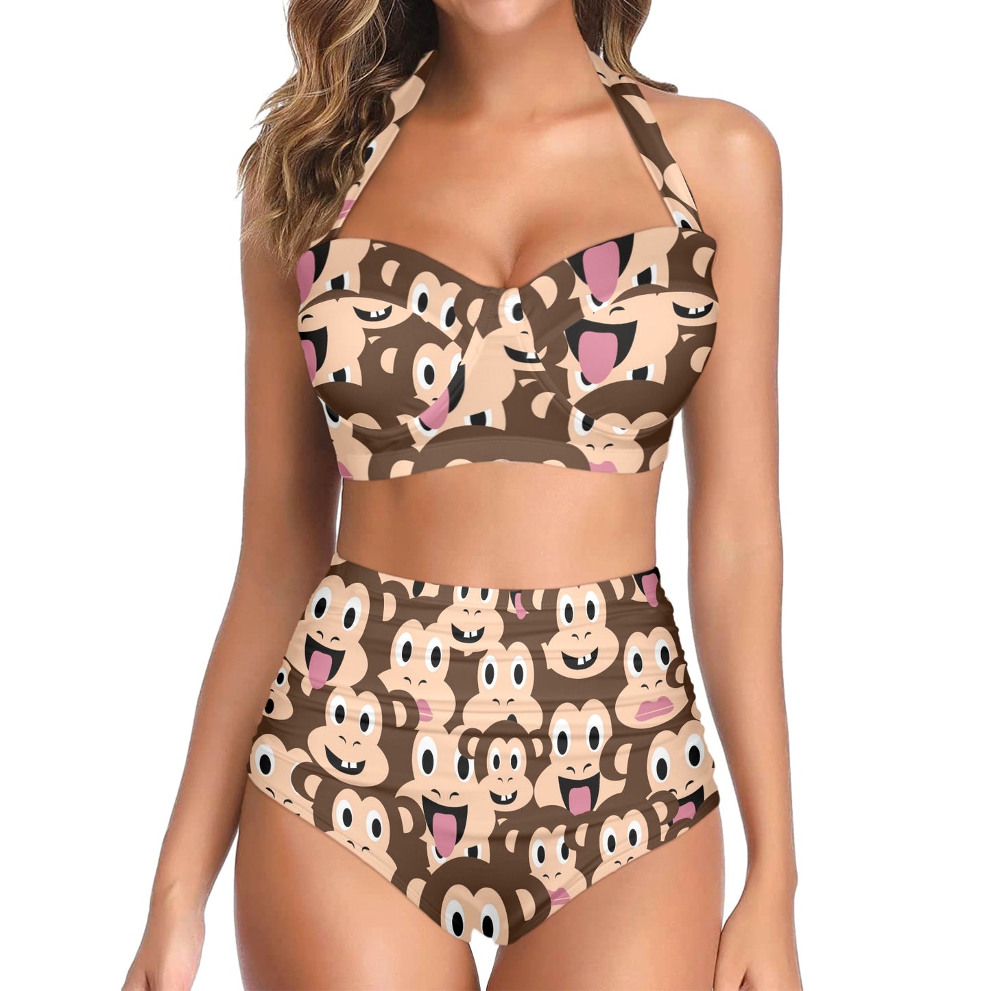 Emoji Monkey Print Pattern Halter Neck Bikini Swimsuit