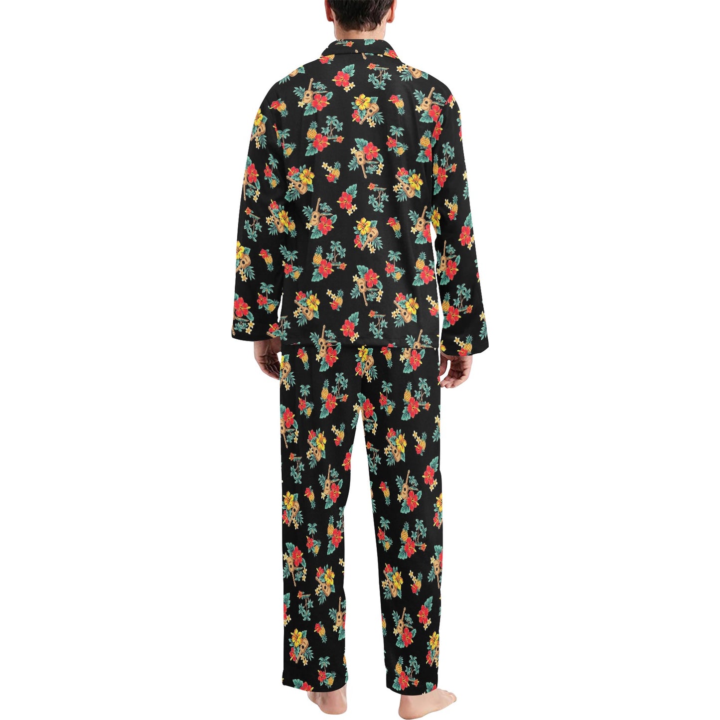 Hawaiian Flower Themed Print Men's Long Pajama Set