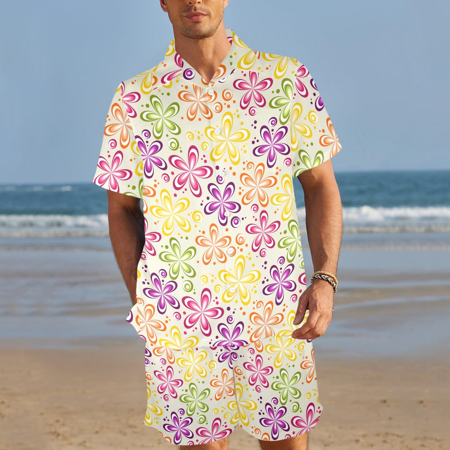Flower Power Colorful Design Print Men's Beach Shirt and Shorts Set
