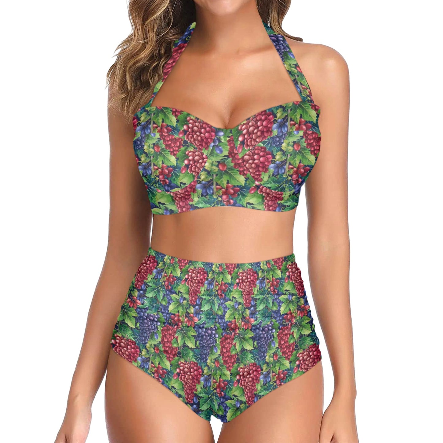 Grape Pattern Print Design GP02 Halter Neck Bikini Swimsuit