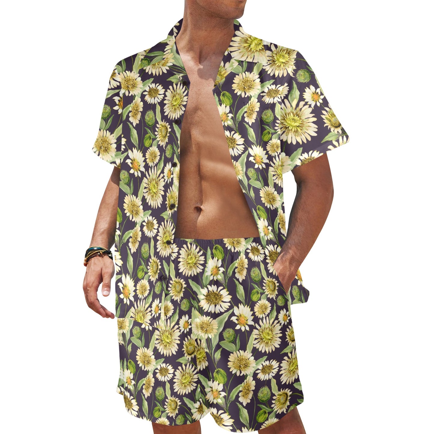 Daisy Vintage Print Pattern Men's Beach Shirt and Shorts Set