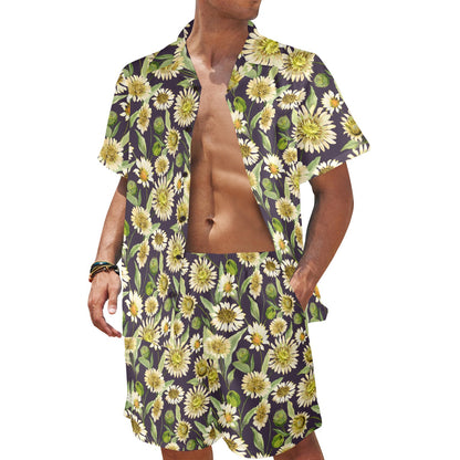 Daisy Vintage Print Pattern Men's Beach Shirt and Shorts Set
