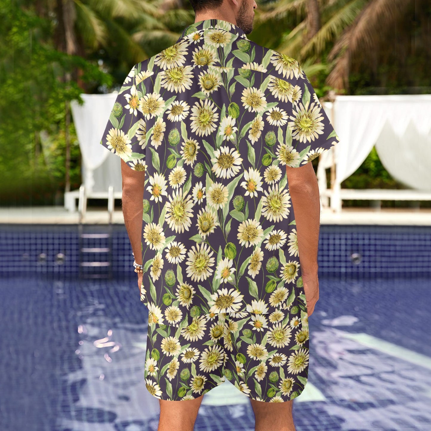 Daisy Vintage Print Pattern Men's Beach Shirt and Shorts Set