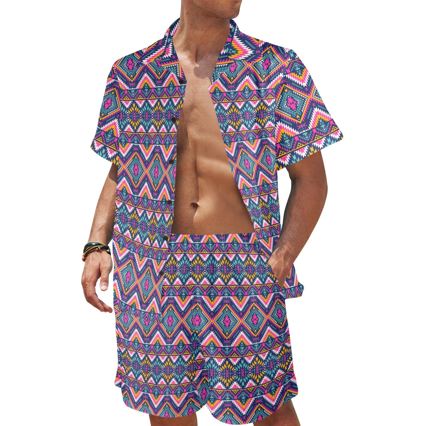 Indian Navajo Pink Themed Design Print Men's Beach Shirt and Shorts Set