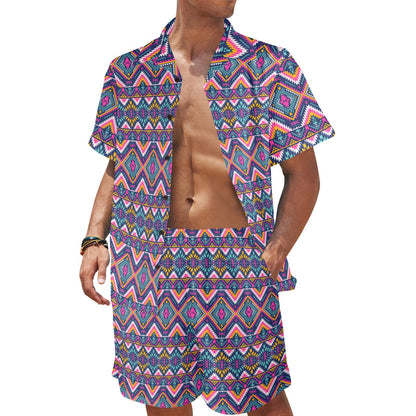 Indian Navajo Pink Themed Design Print Men's Beach Shirt and Shorts Set