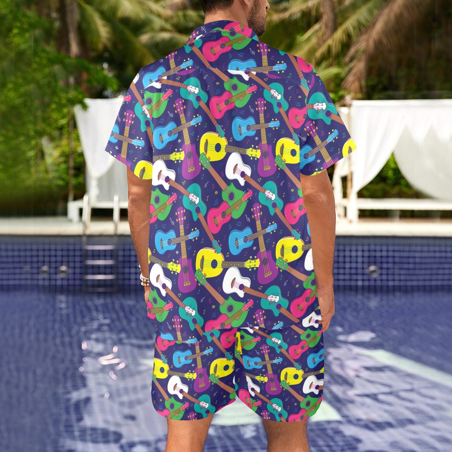 Ukulele Pattern Print Design 02 Men's Beach Shirt and Shorts Set