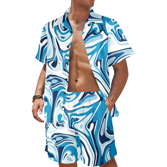 Liquid Pattern Print Design 05 Men's Beach Shirt and Shorts Set