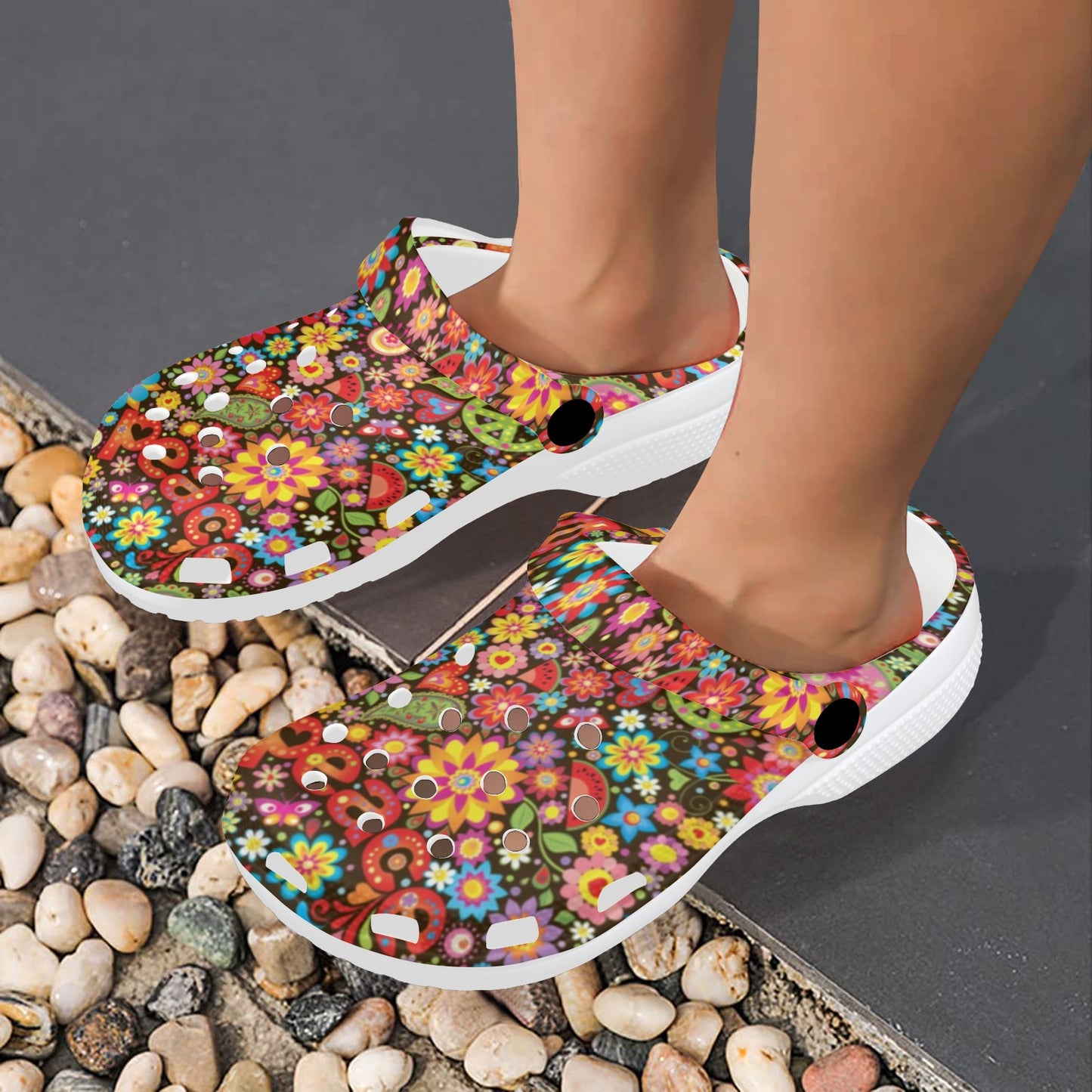 Flower Power Peace Paisley Themed Print Unisex Clogs Shoes