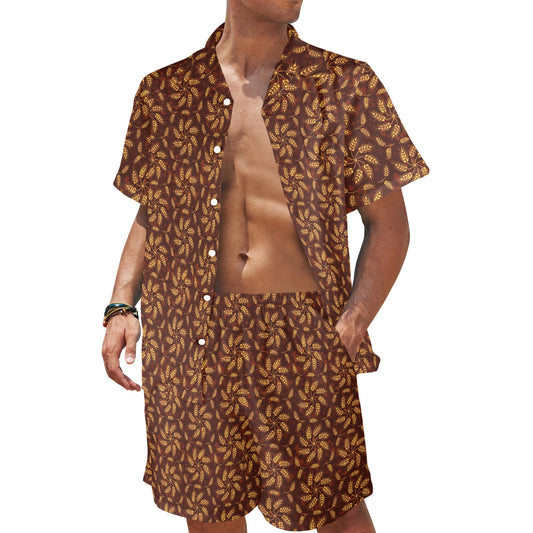 Agricultural Brown Wheat Print Pattern Men's Beach Shirt and Shorts Set