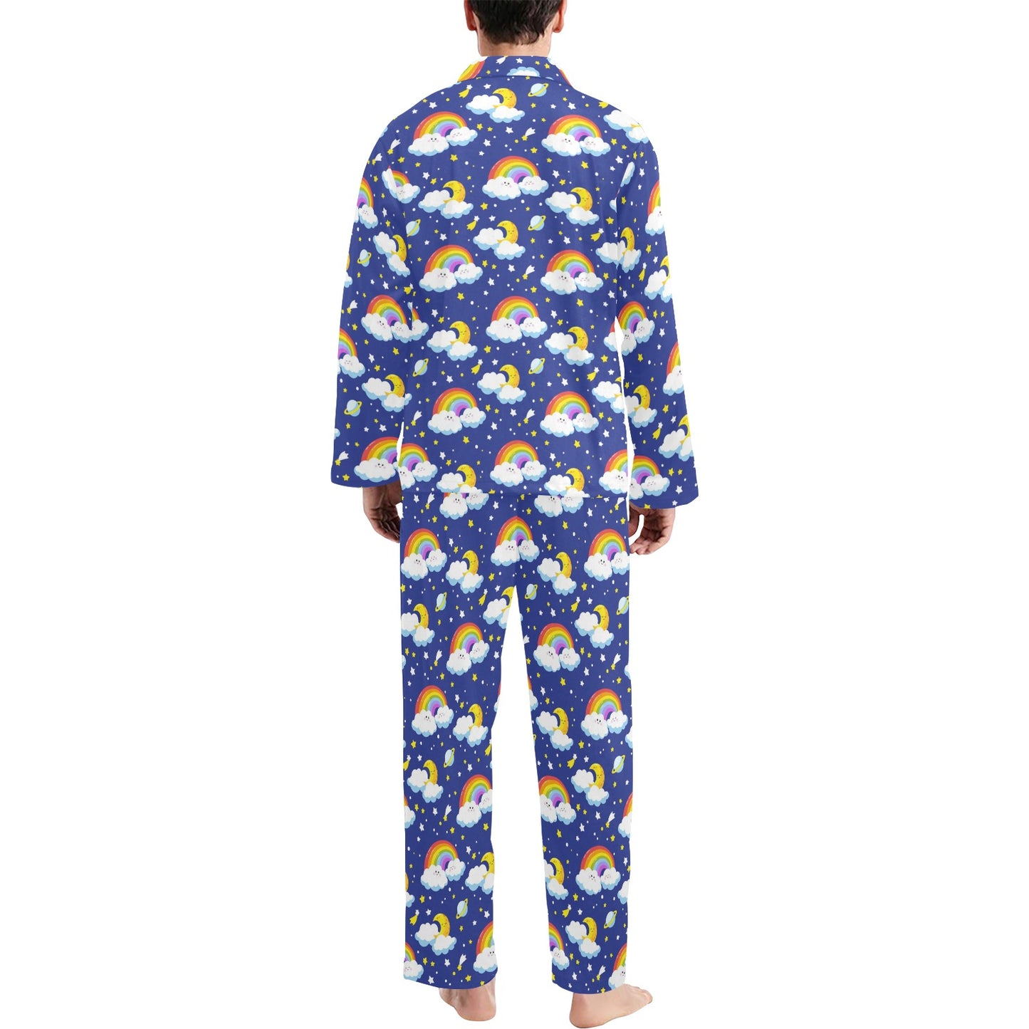 Rainbow Space Design Print Men's Long Pajama Set