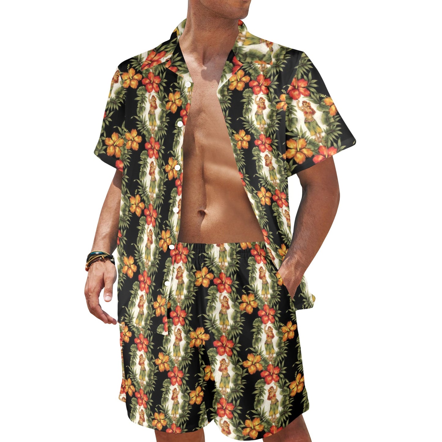 Hawaiian Flower Hula Hibiscus Print Men's Beach Shirt and Shorts Set