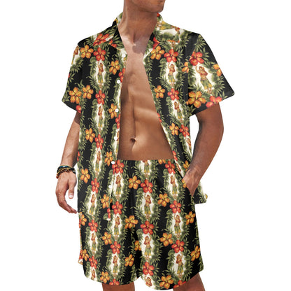 Hawaiian Flower Hula Hibiscus Print Men's Beach Shirt and Shorts Set