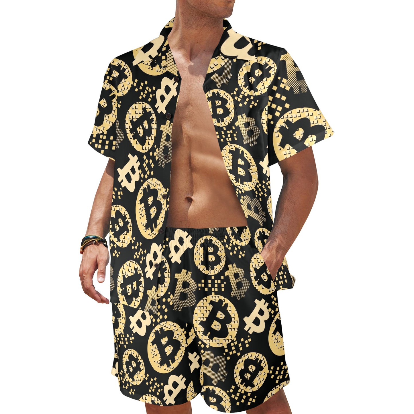 Bitcoin Pattern Print Design DO06 Men's Beach Shirt and Shorts Set