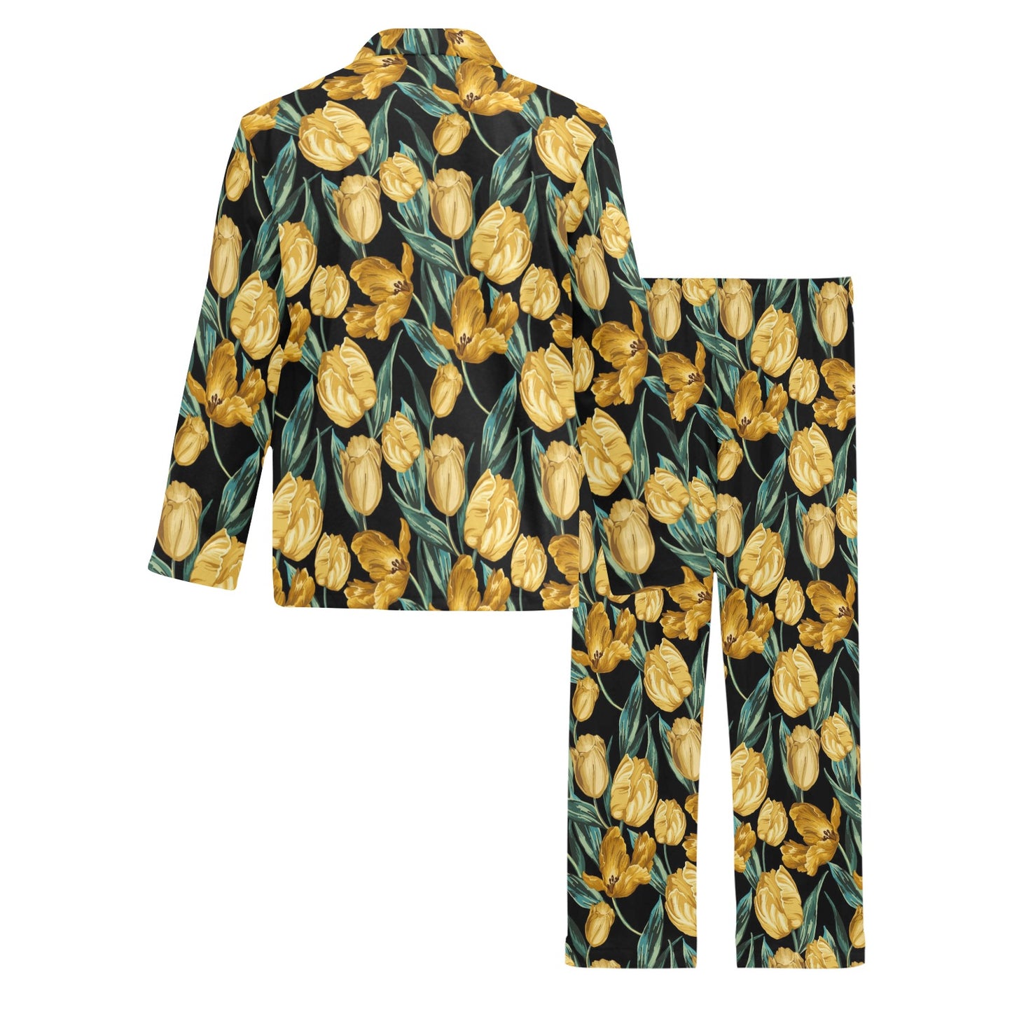 Elegant Yellow Tulip Print Men's Long Pajama Set