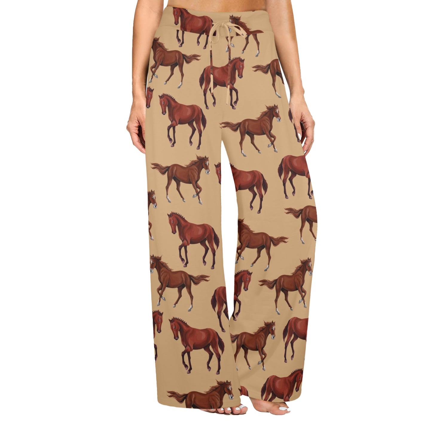 Brown Horse Print Pattern Women's Wide Leg Lounge Pants