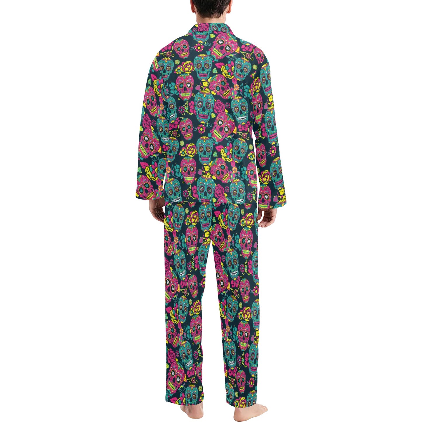 Sugar Skull Floral Design Themed Print Men's Long Pajama Set
