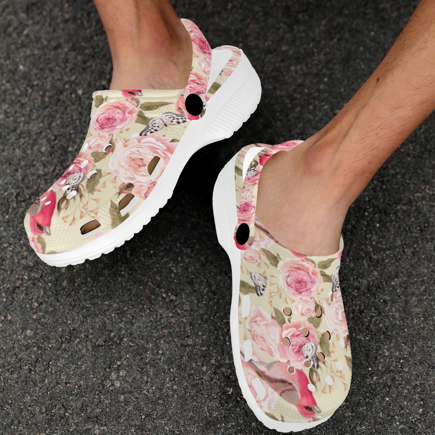 Bird Butterfly Pink Flower Print Pattern Unisex Clogs Shoes