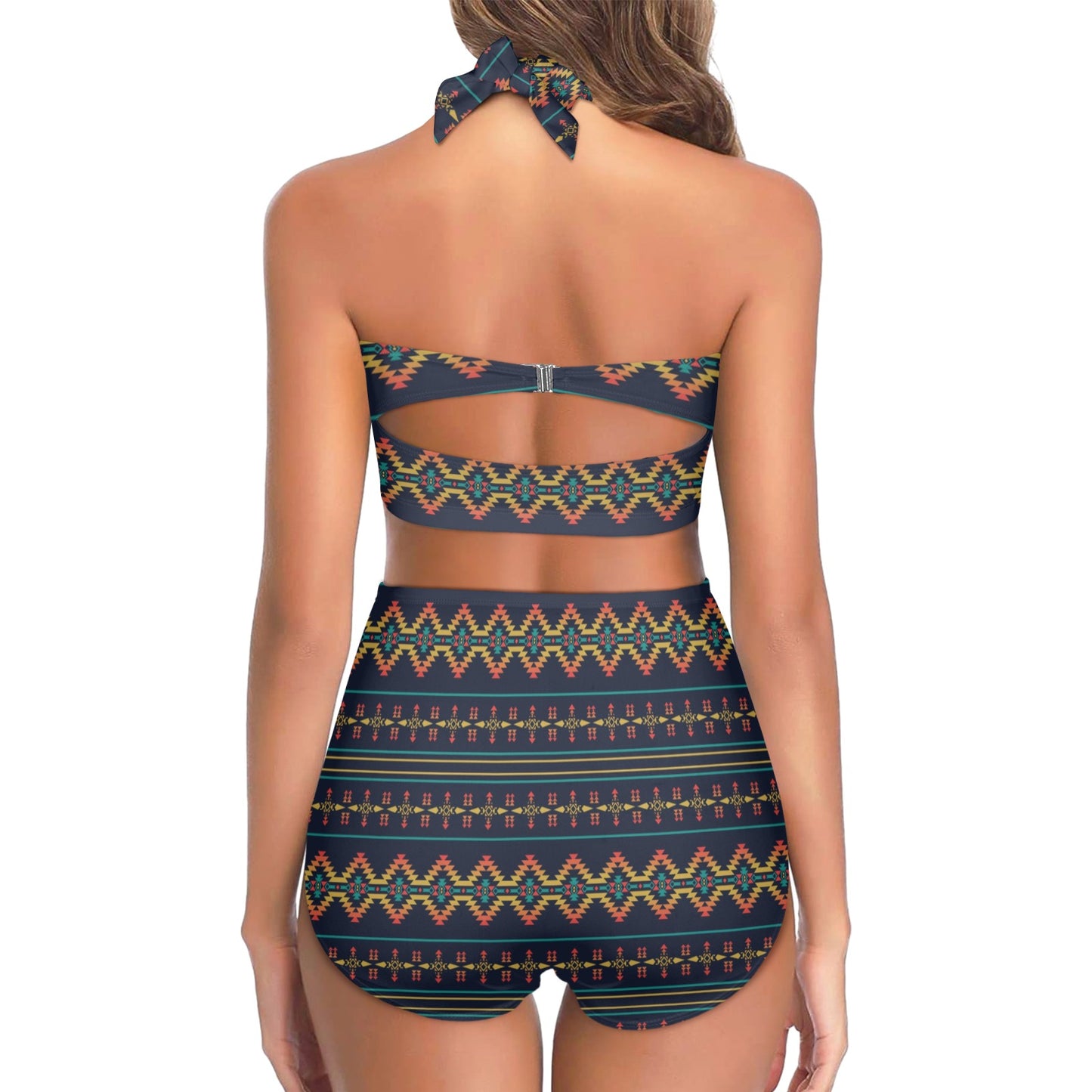 Southwest American Design Themed Print Halter Neck Bikini Swimsuit