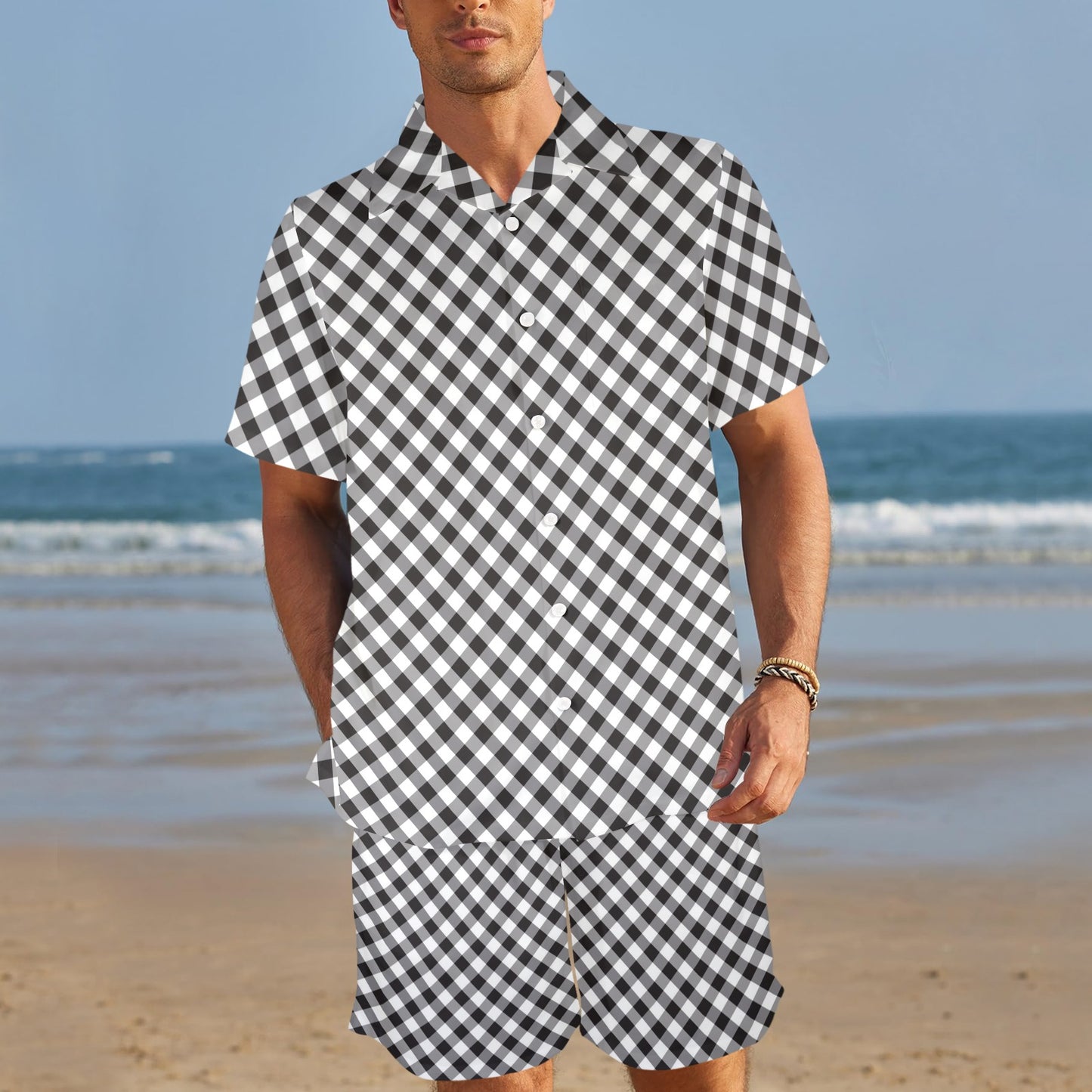 Gingham Print Design LKS402 Men's Beach Shirt and Shorts Set