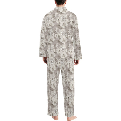 Nautical Map Design Themed Print Men's Long Pajama Set