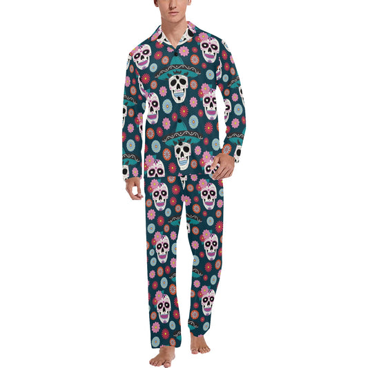 Sugar Skull Print Design LKS308 Men's Long Pajama Set
