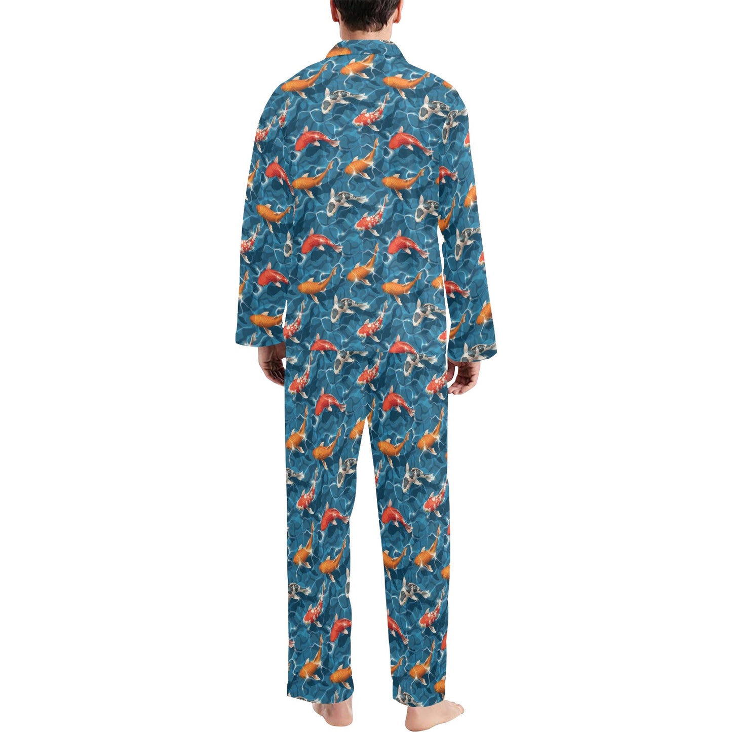 Koi Carp Water Design Themed Print Men's Long Pajama Set