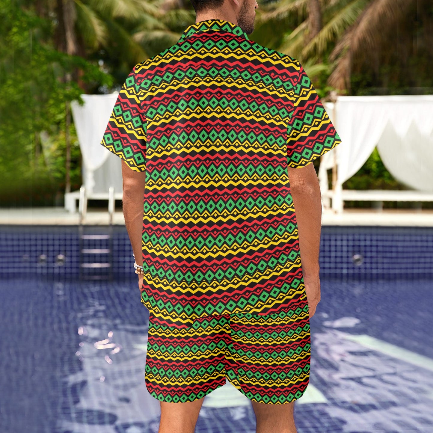 Rasta Reggae Color Themed Men's Beach Shirt and Shorts Set