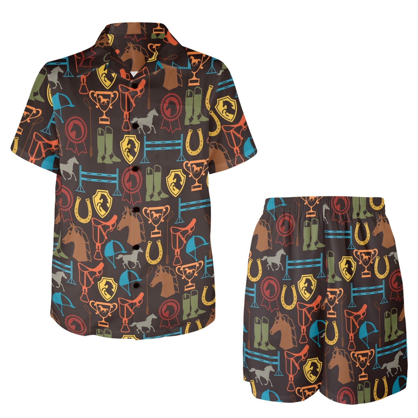 Equestrian Equipment Horse Colorful Men's Beach Shirt and Shorts Set