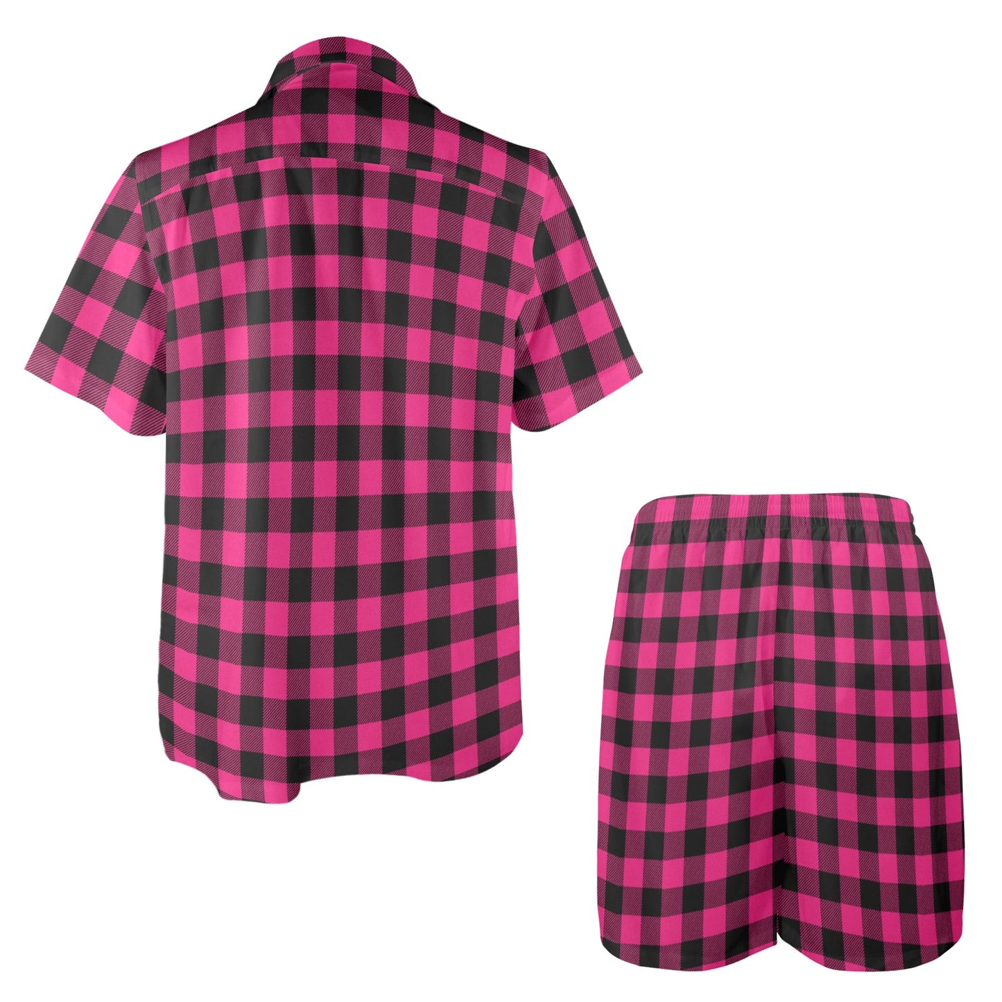 Pink Tartan Plaid Pattern Men's Beach Shirt and Shorts Set