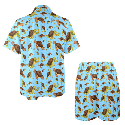 Hello Sea Turtle Print Pattern Men's Beach Shirt and Shorts Set