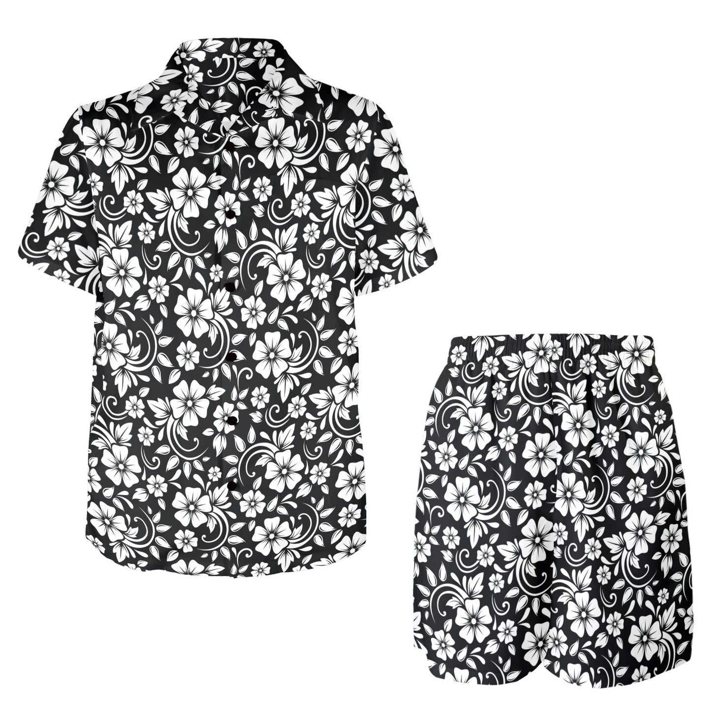 Floral Black White Themed Print Men's Beach Shirt and Shorts Set