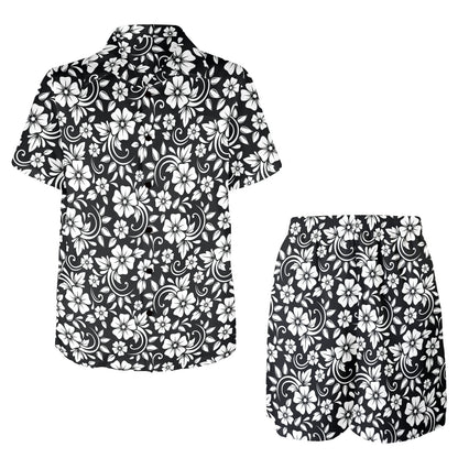 Floral Black White Themed Print Men's Beach Shirt and Shorts Set