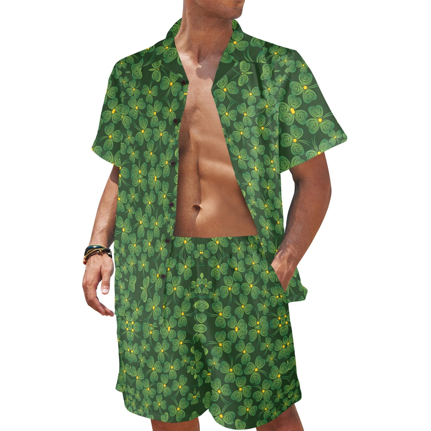Shamrock Pattern Men's Beach Shirt and Shorts Set