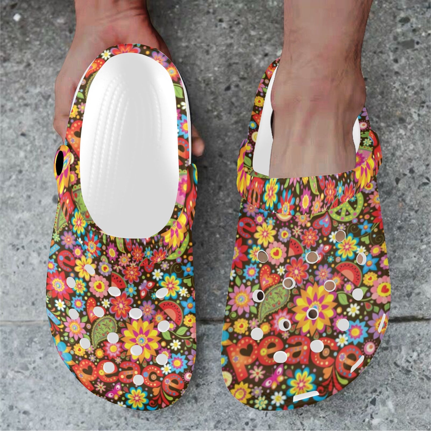 Flower Power Peace Paisley Themed Print Unisex Clogs Shoes
