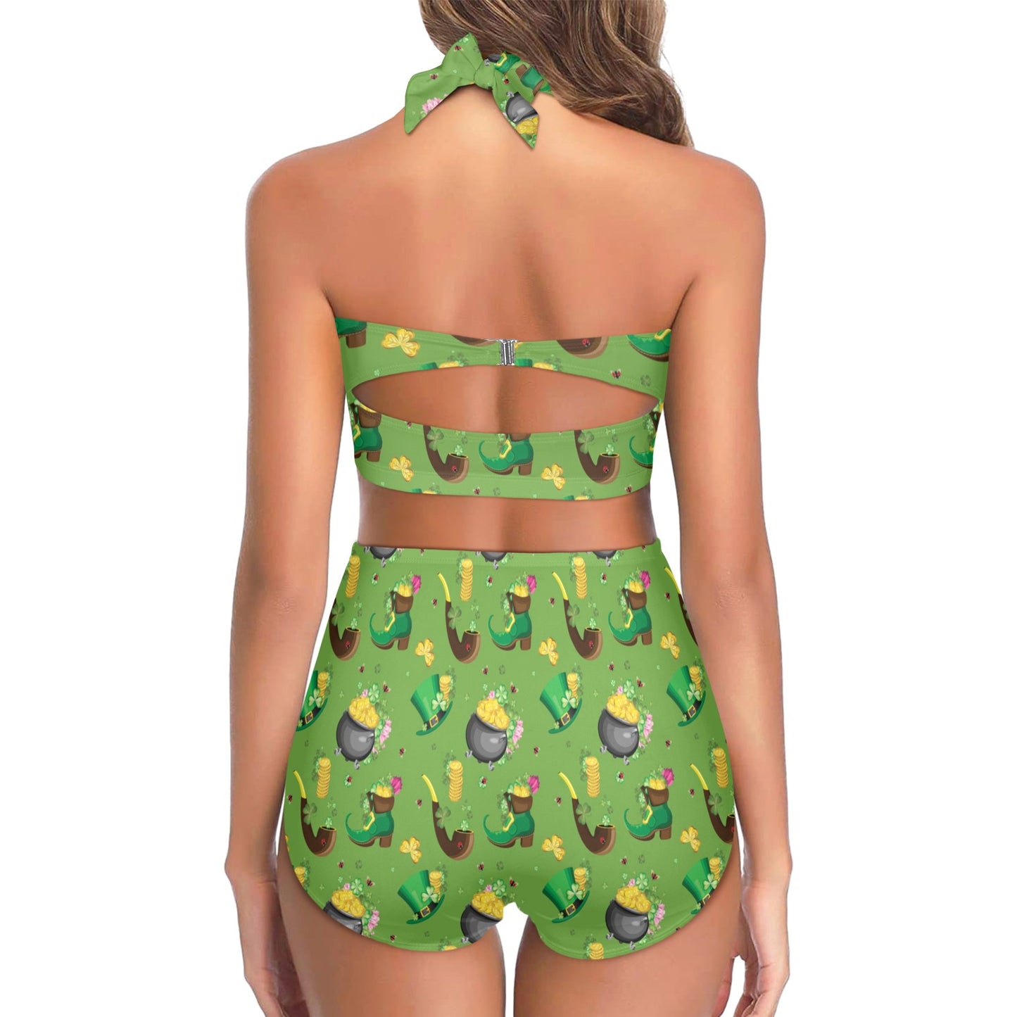 Shamrock Saint Patrick's Day Print Design LKS306 Halter Neck Bikini Swimsuit