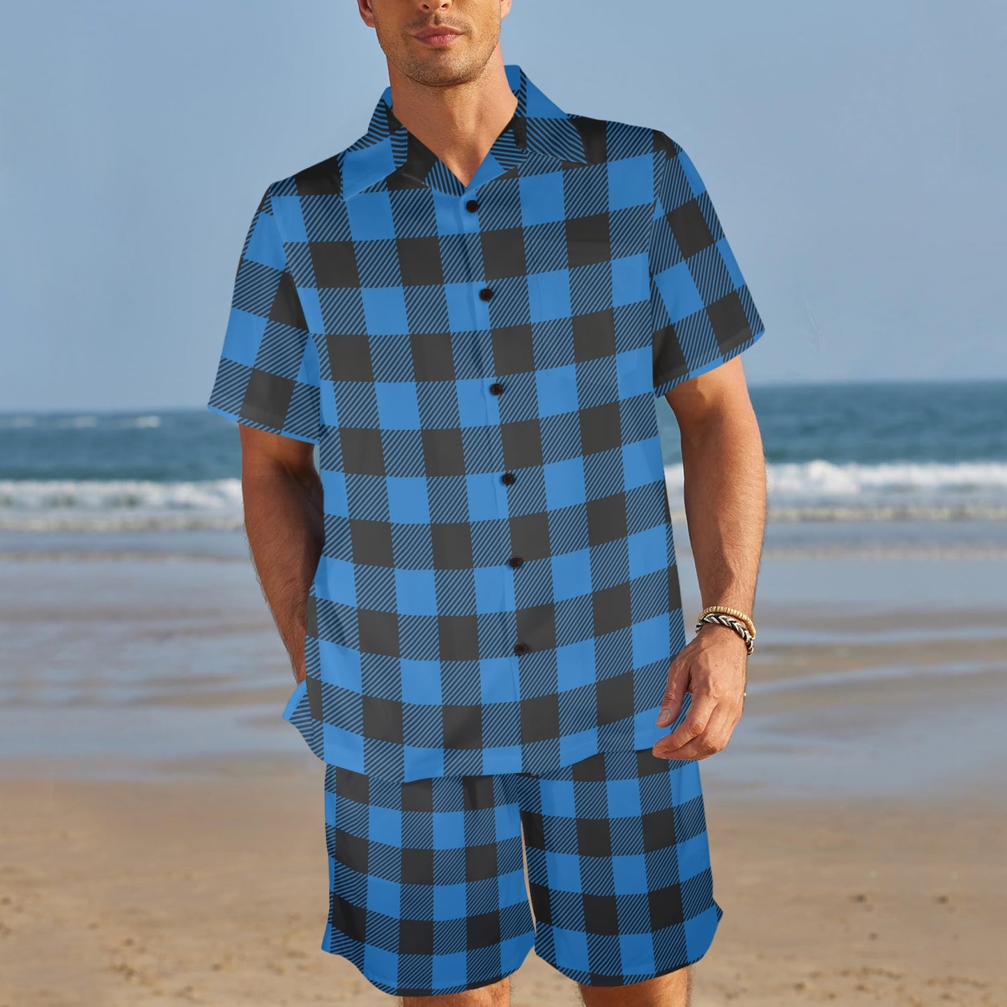 Buffalo check Blue Pattern Print Design 03 Men's Beach Shirt and Shorts Set