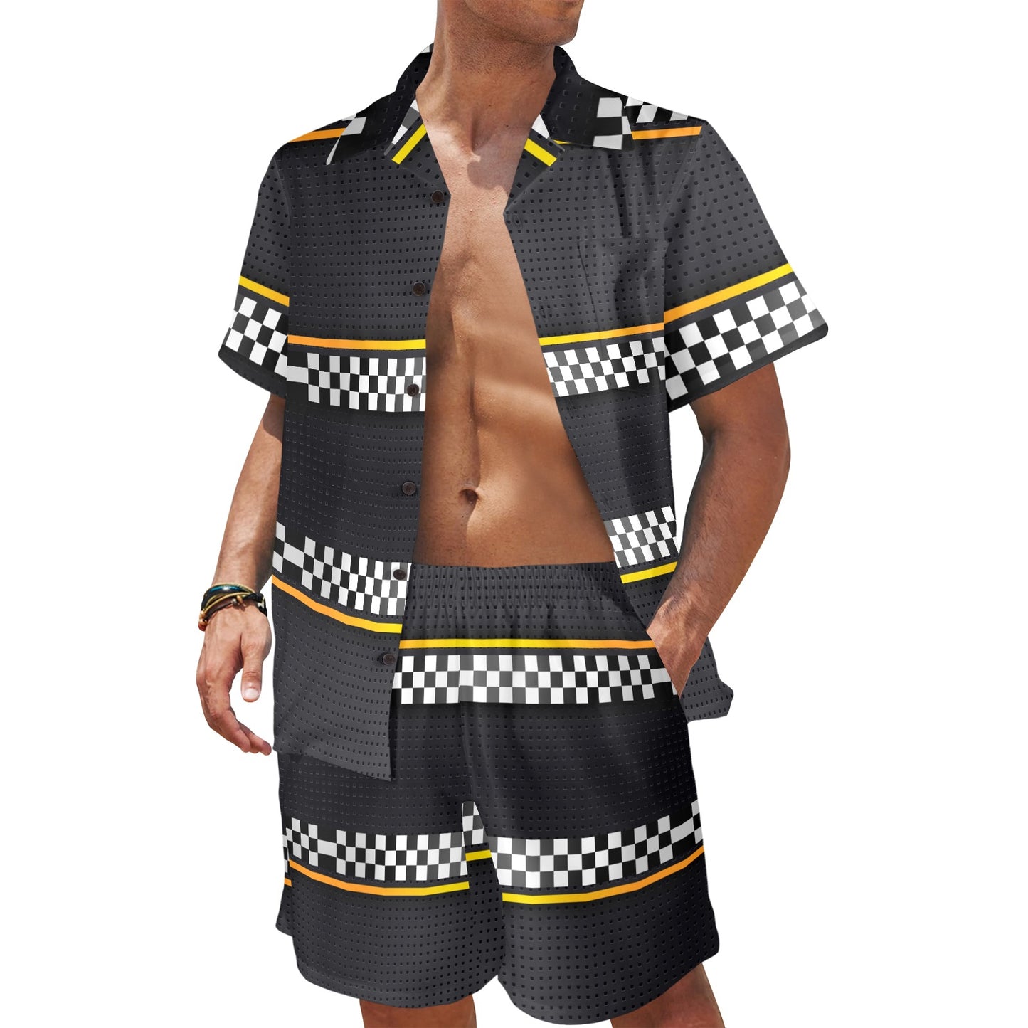 Checkered Flag Yellow Line Style Men's Beach Shirt and Shorts Set
