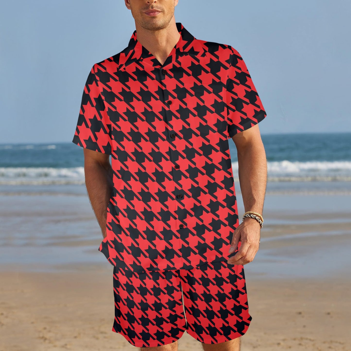Houndstooth Red Pattern Print Design 03 Men's Beach Shirt and Shorts Set