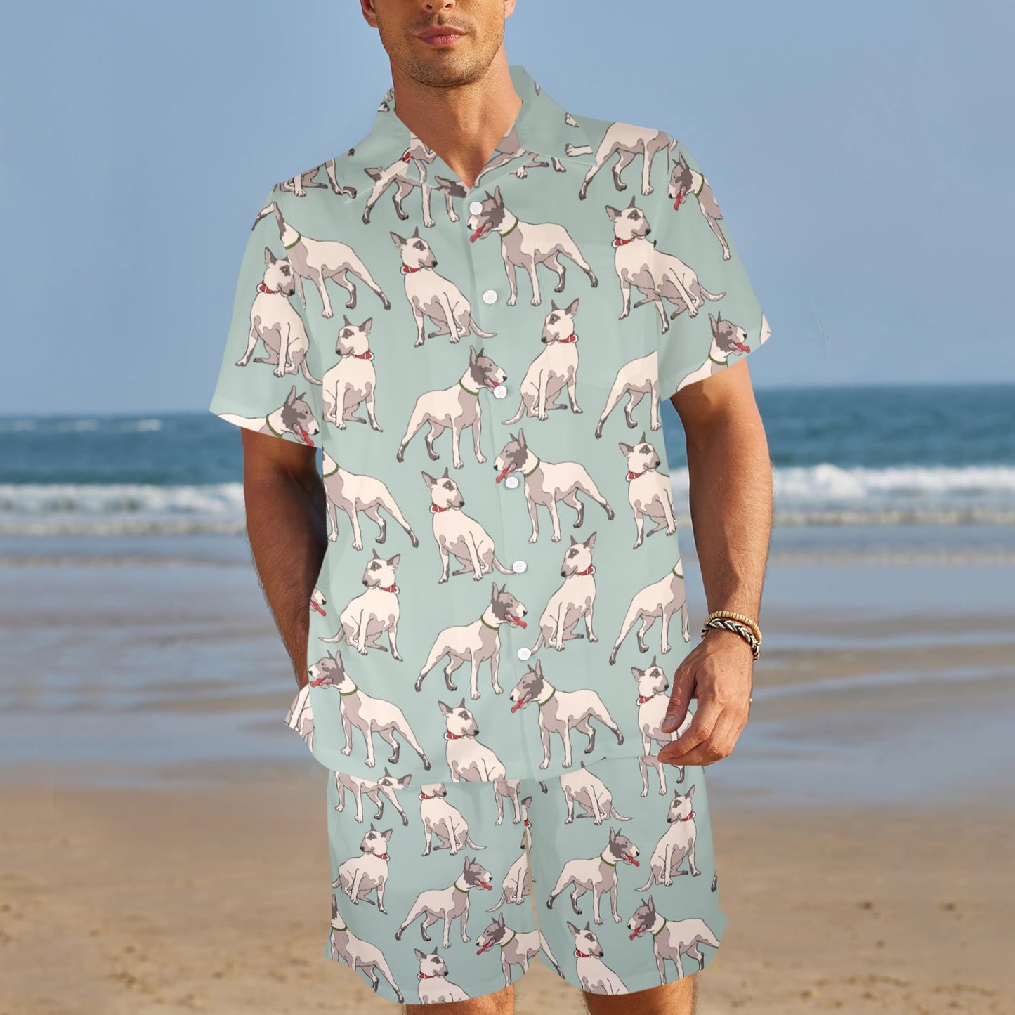 Bull Terrier Cute Print Pattern Men's Beach Shirt and Shorts Set