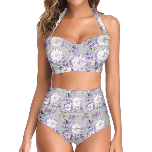 Lilac Pattern Print Design LI07 Halter Neck Bikini Swimsuit