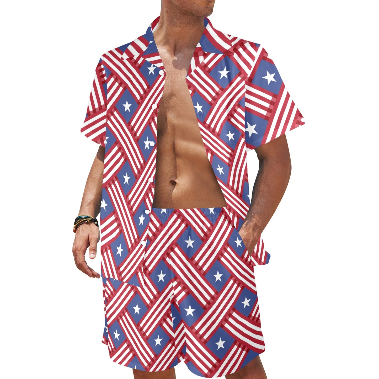 American flag Pattern Men's Beach Shirt and Shorts Set