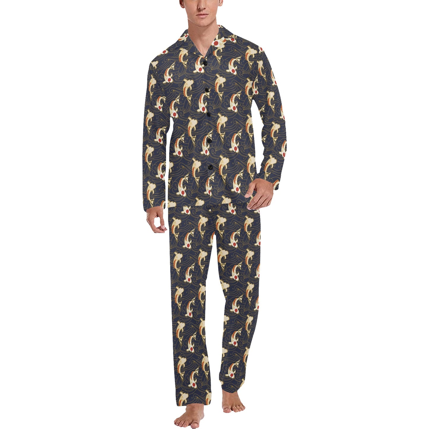 Koi Carp Japanese Design Themed Print Men's Long Pajama Set