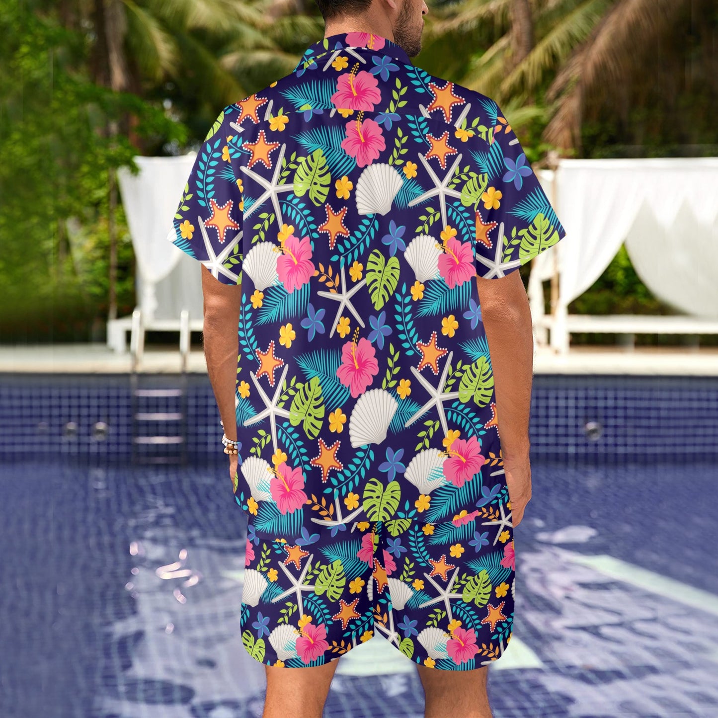 Beach Seashell Floral Theme Men's Beach Shirt and Shorts Set