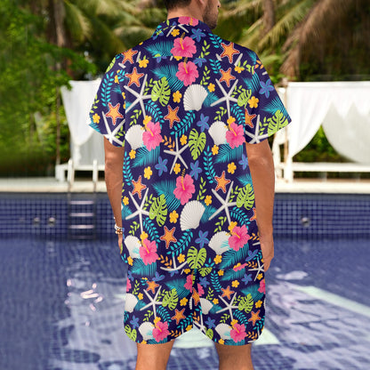 Beach Seashell Floral Theme Men's Beach Shirt and Shorts Set