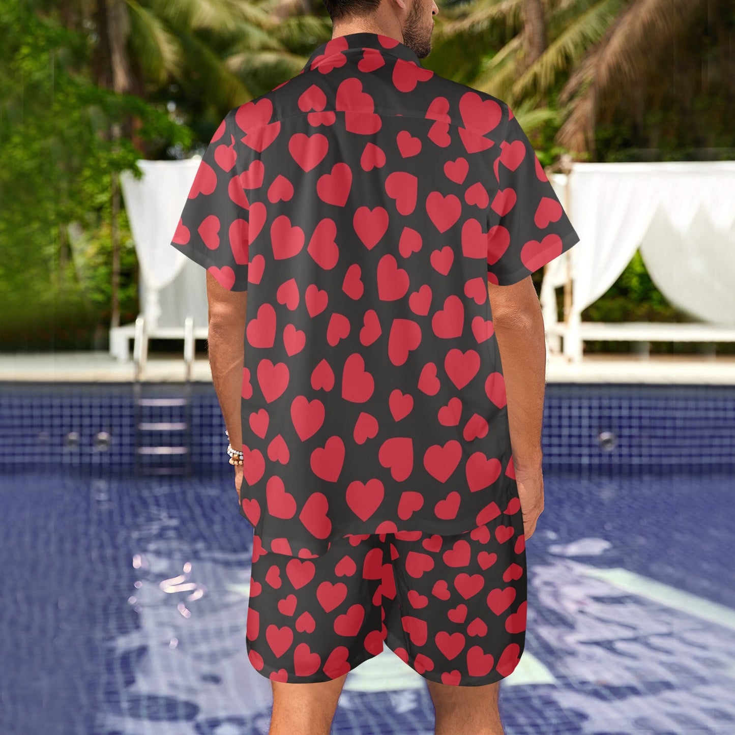 Heart Red Pattern Print Design HE01 Men's Beach Shirt and Shorts Set